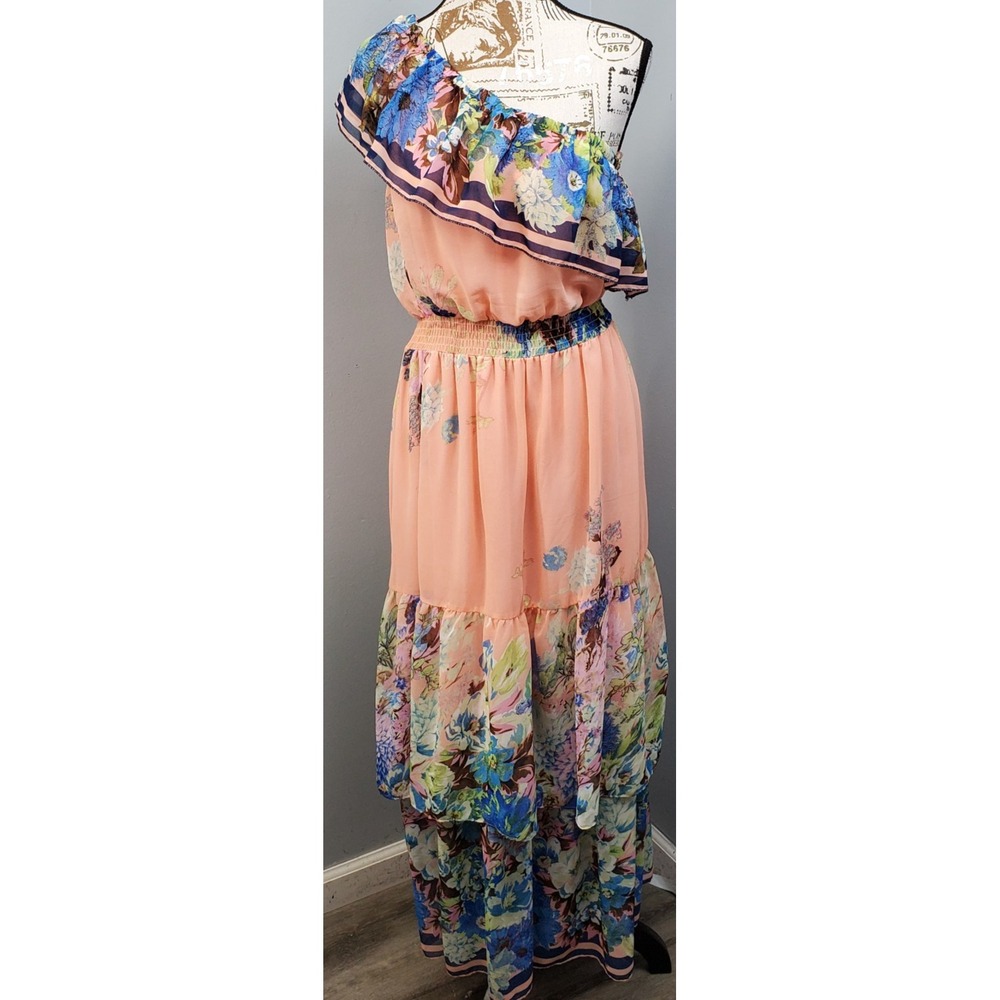 Flying Tomato Maxi Tiered Dress Womens M Multi Floral One Shoulder Ruffle Boho